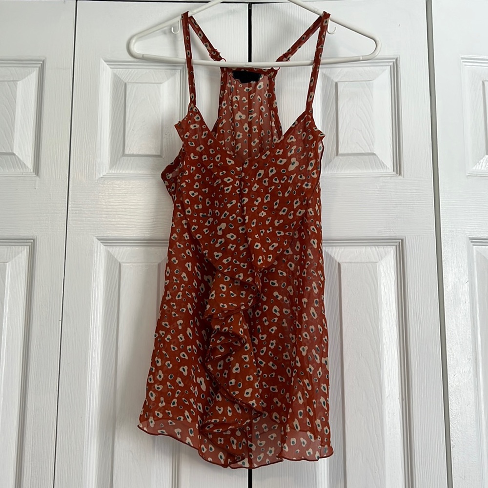 Burnt orange and teal, sheer, ruffle detail down the front